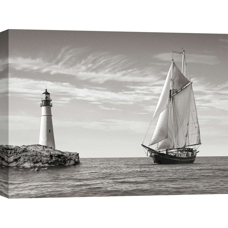 Photograph Of A Sailboat Approaching Lighthouse, Mediterranean Sea by Pangea Images - Print, 50cm H x 70cm W x 4cm D