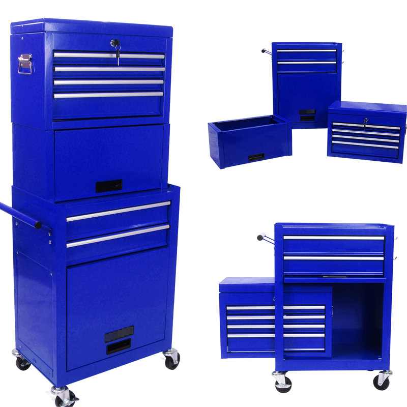 Armoire 6 boîtes à outils détachables - avec serrure et roues, capacité de tiroir de 15 kg, thermolaquée, organisateur de garage bleu avec atelier inférieur