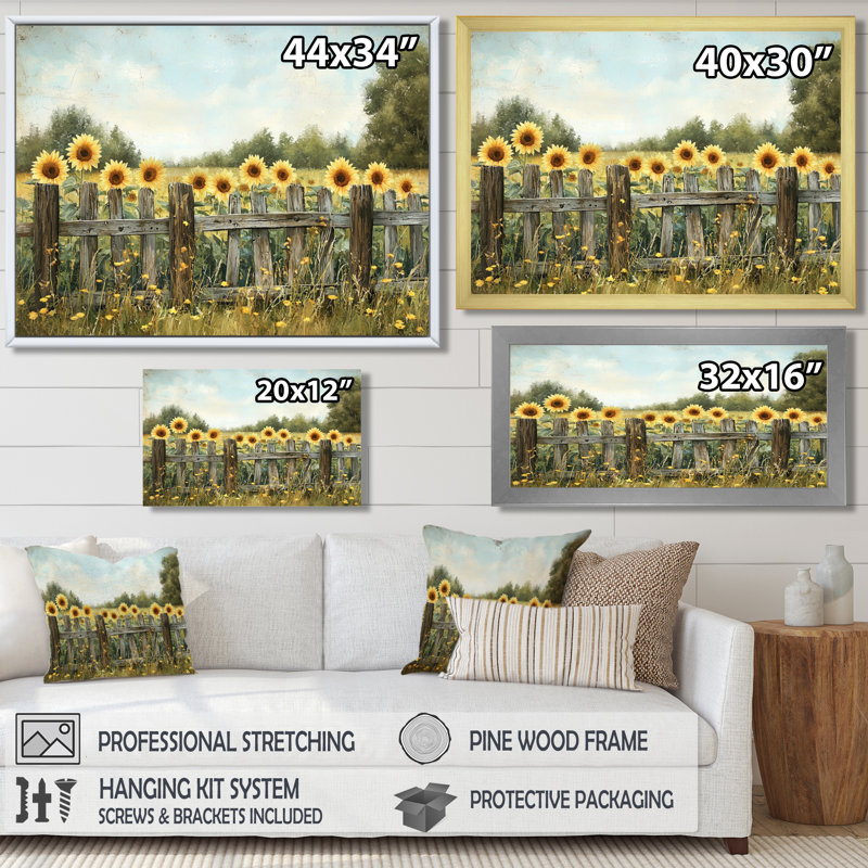 Dolories tournesols le long de la clôture de la grange I - tournesols grand art mural, Noir, noir, noir, noir