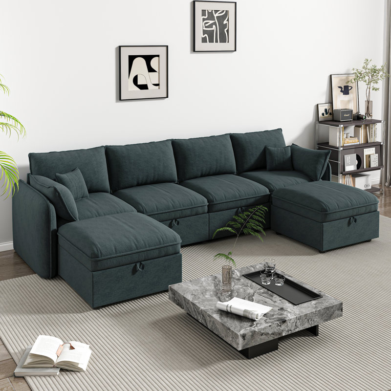 Canapé modulaire rembourré en U avec repose-pieds 6 pièces, Molleton gris foncé foncé
