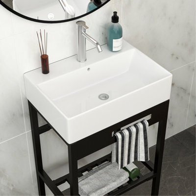 Console en céramique pour salle de bain de 24 po x 16,43 po avec trop-plein et pieds noirs - surface lisse, peu d'entretien, supports variés non poreux convenant à une utilisation intérieure / extérieure