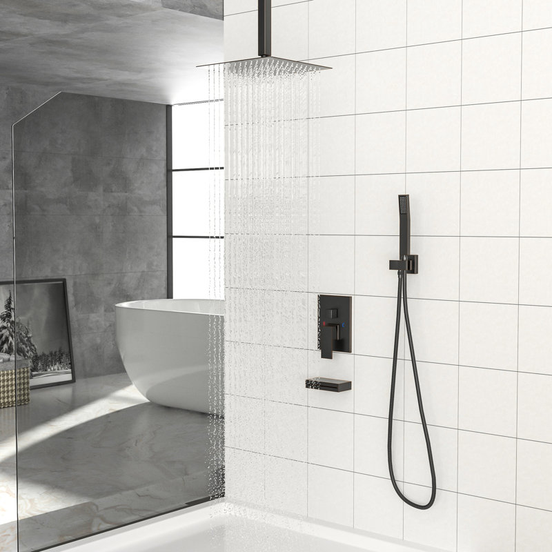 Shower System With Waterfall Tub Spout And Square Rainfall Head - 12 Inch Ceiling Mount, Handheld, Oil Rubber Bronze, Finish Of Bronze Oil-Rubbed Feature 12" Mount Rain Head, Handheld Shower, Spout,