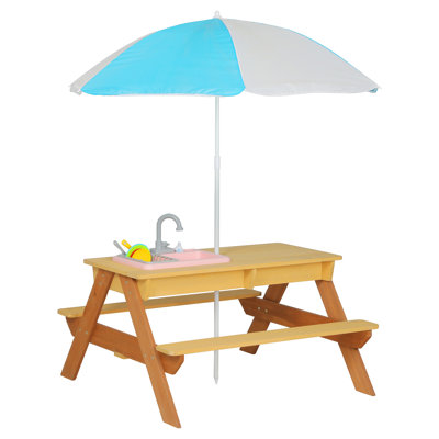 Table de pique-nique 3 en 1 pour enfants avec station de jeu d'eau et de sable, table d'activités extérieure avec parasol réglable pour la cour, le patio et le jardin