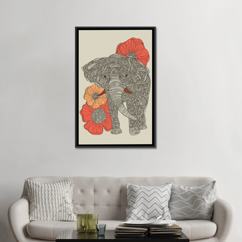 L’éléphant avec des fleurs, reproduction d’art sur toile tendue, H 48 po x l 32 po x P 1,5 po, Cadre noir