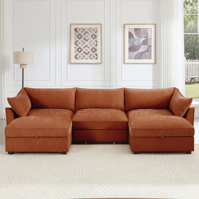 Canapé U_Shape 3 places à assise profonde avec repose-pieds, canapé 3 places avec 2 repose-pieds mobiles, canapé modulaire modulaire avec tiroir de rangement sous chaque siège, chenille