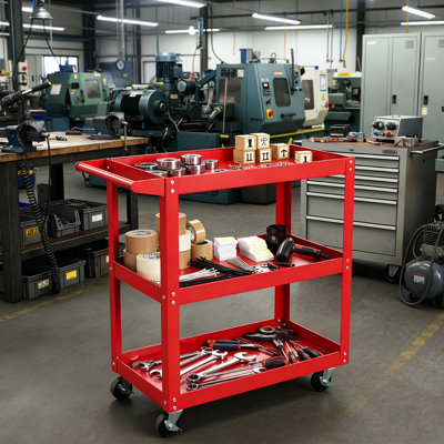 Chariot à outils en métal robuste à 3 niveaux, chariot utilitaire roulant avec 4 roues verrouillables et poignée, organisateur de rangement en acier rouge