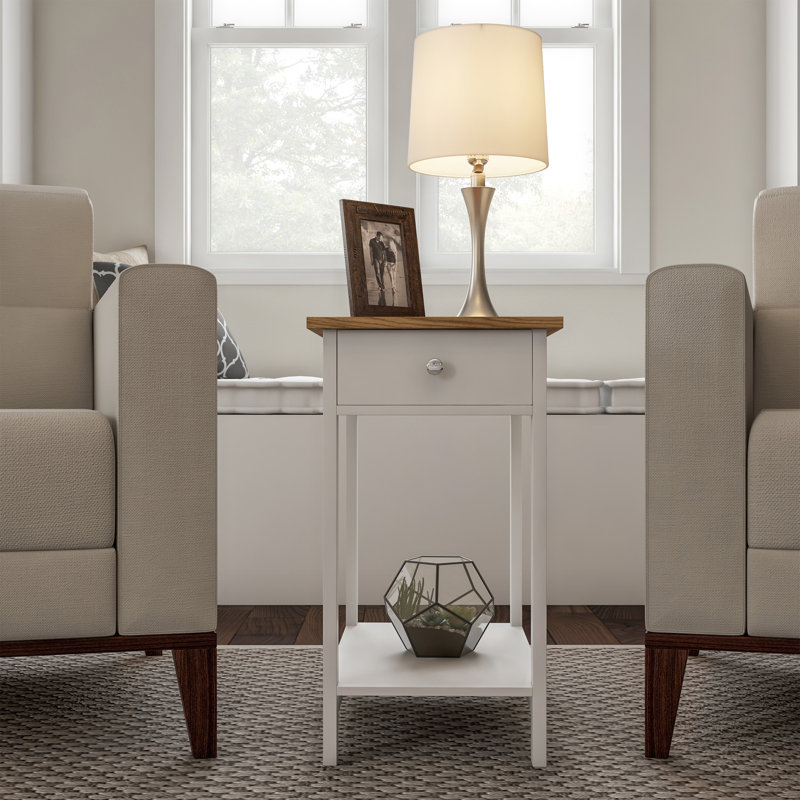 Honey Oak & White Slim Profile Side Table with Drawer & Shelf