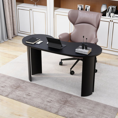 Black Home Office Table Modern U-Shaped Computer Desk 55.6x140cm