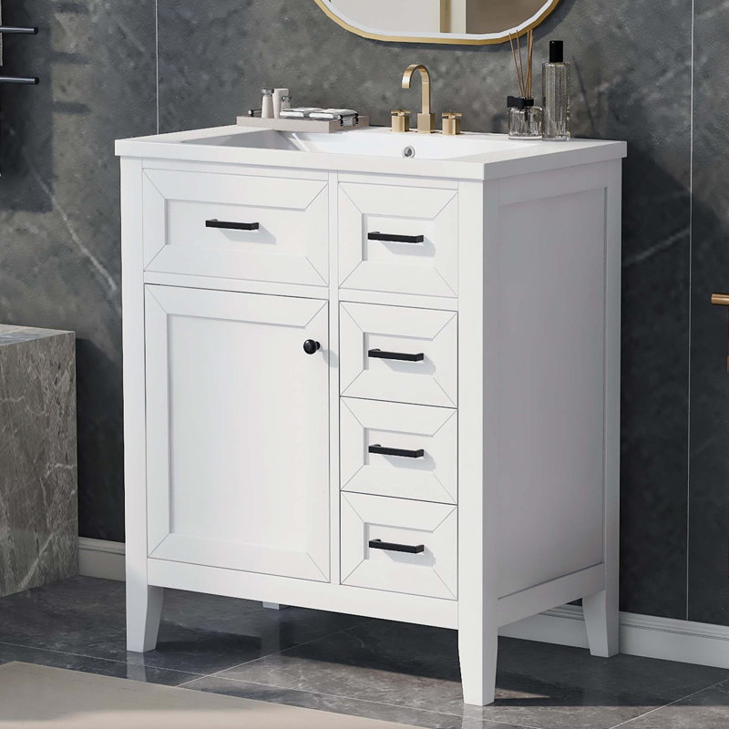 30 Inch Bathroom Vanity with Sink Combo | White Bathroom Cabinet with Drawers, Solid Frame and MDF Board, White