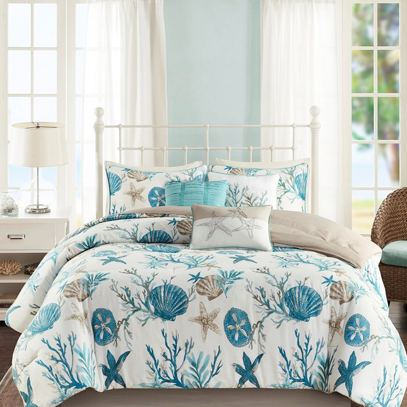 7 Piece Comforter For Queen - Filling And Decorative Pillows Coastal Printed Shells, Starfish Corals, Aqua