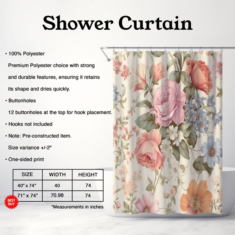 Rideau de douche standard 1 pièce Flirt Flowers, H 74 po x l 71 po