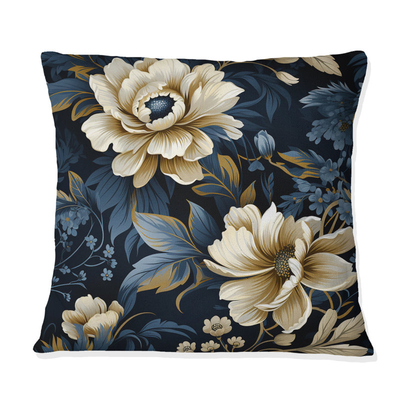 Coussin décoratif à motif floral de pivoines bleues I, H 18 po x l 18 po