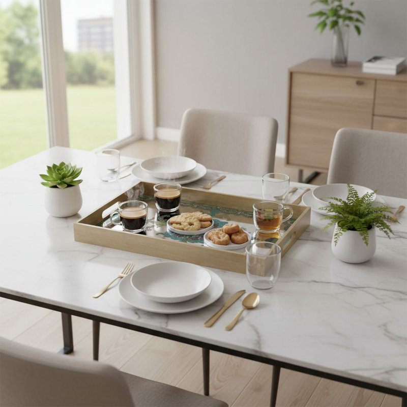 Plateau rectangulaire en bois à miroir, plateau de service décoratif à motif méditerranéen