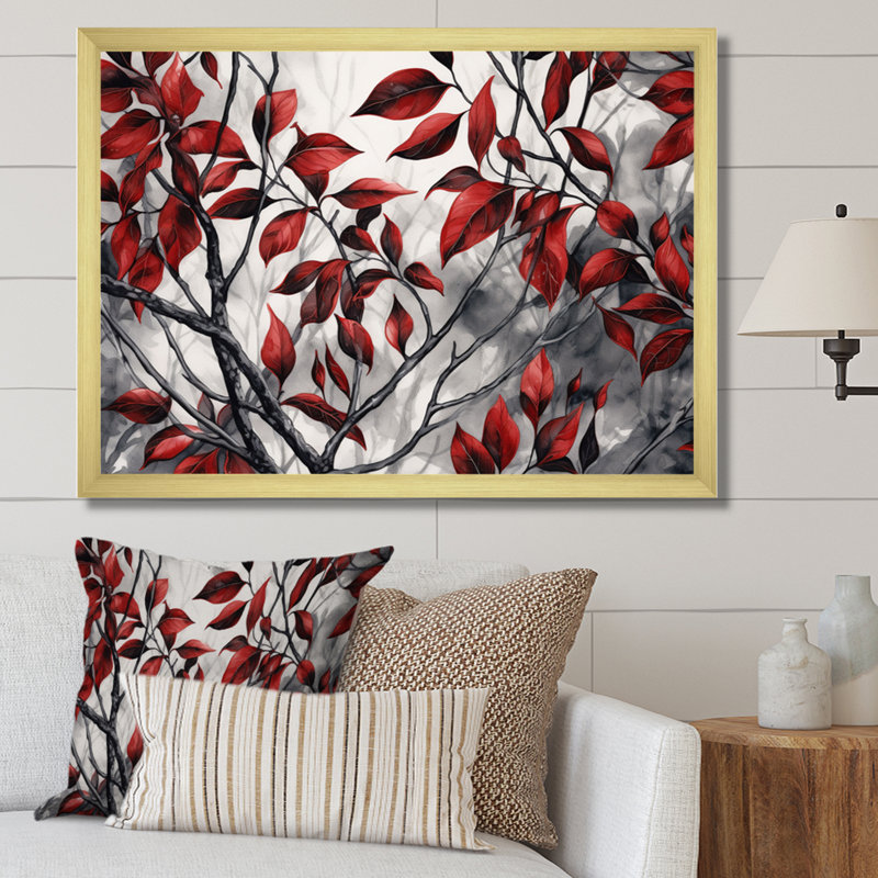 Imprimé de feuilles rouges et grises sur un arbre VI, H 34 po x l 44 po x P 1,5 po, Cadre doré simple