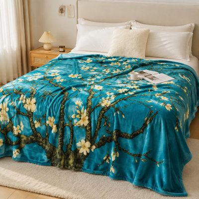 Artistic Floral Tree Blanket, Vivid Blooming Branches Cozy Fleece Throw for Sofa, Couch, Bedroom, Living Room Home Decor
