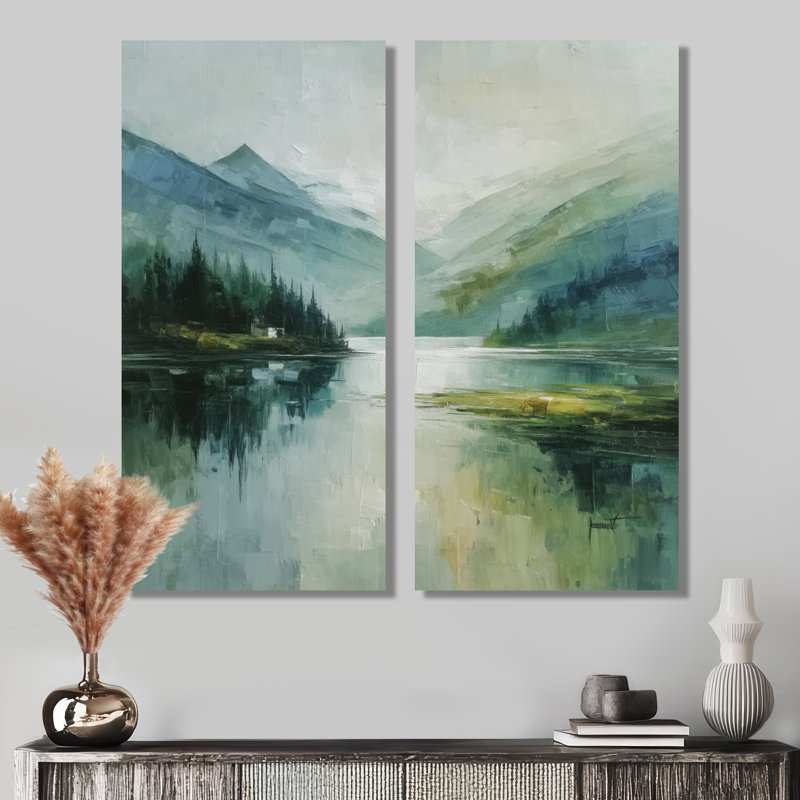 «Green Black Lake Breeze Sunrise Mist», art mural encadré lever de soleil vert, H 40 po x l 40 po, Toile tendue