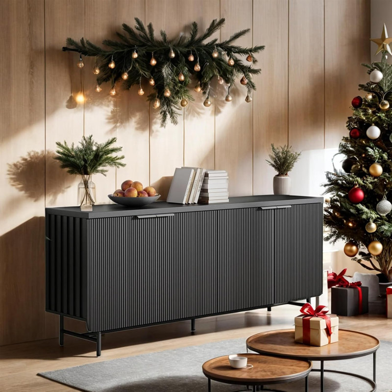 Mid-Century Modern TV Stand for 65, 70 Inch TV, Vintage Entertainment Center with 4 Adjustable Shelves ,68'' -Door LED Media Console for Living Room Bedroom, 7 Dynamic Modes, Sturdy Metal Legs
