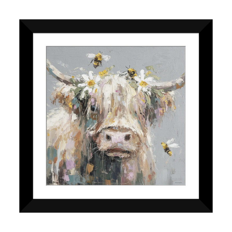 Moo and the Bees - Reproduction d'art murale - Papier d'art encadré, 16 po x 16 po, Papier encadré, Noir