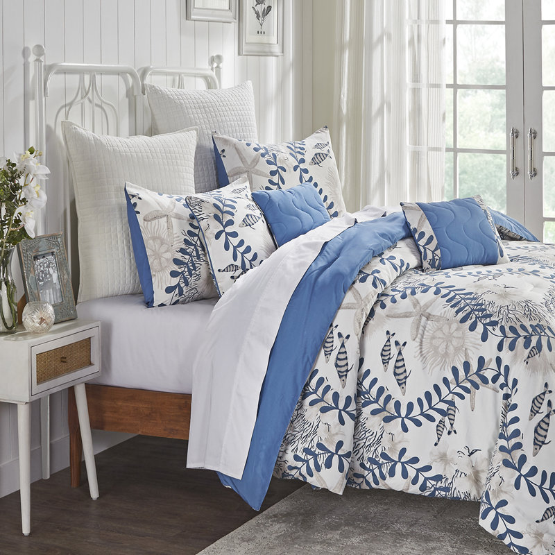Caspian Blue and White Microfiber Queen Comforter Set with Nautical Design
