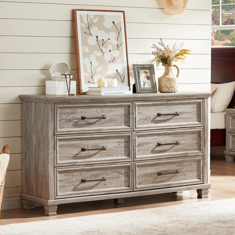 Commode 6 tiroirs pour chambre à coucher Farmhouse Grey, grande commode rétro de 54 pouces de large avec pieds carrés en bois, console télé rustique pour le salon, commodes de rangement en bois pour la maison