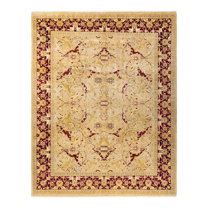 Tapis jaune / rouge / beige noué à la main de conception unique 8 pi 3 po x 10 pi 4 po Keenan