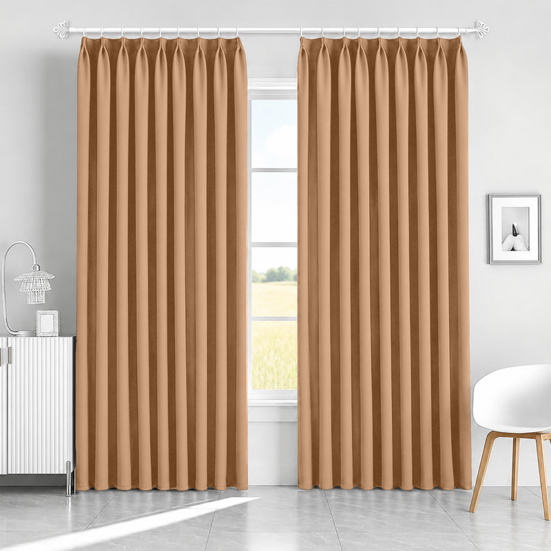 Blackout Pencil Pleat Curtains - Thermal Insulated, Light Blocking Window Drapes, Beige, 228cm Width x 183cm Drop