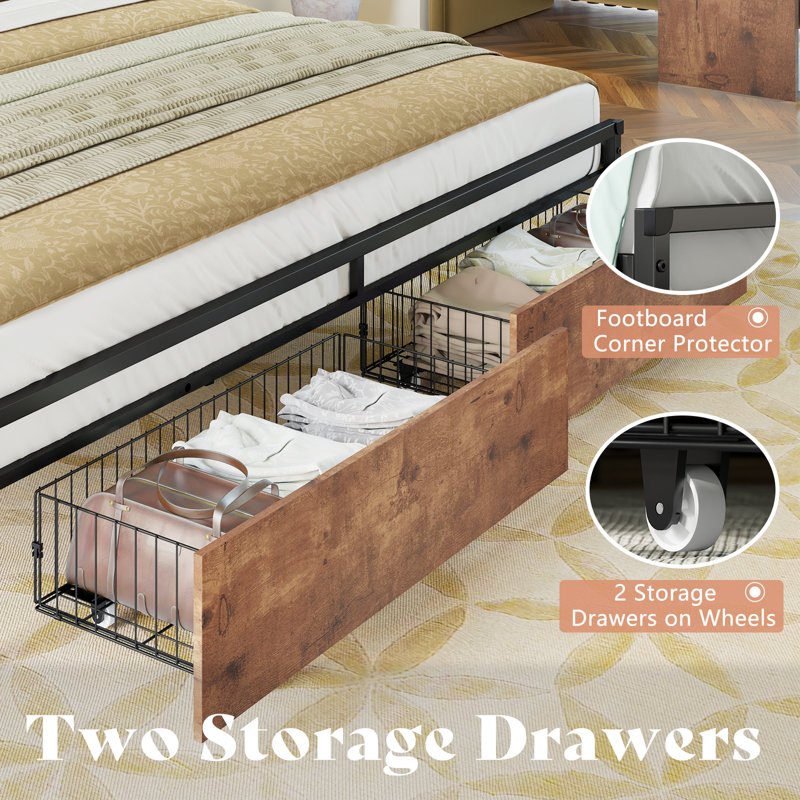 King Rustic Brown Metal Frame Upholstered Bed with Storage and LED