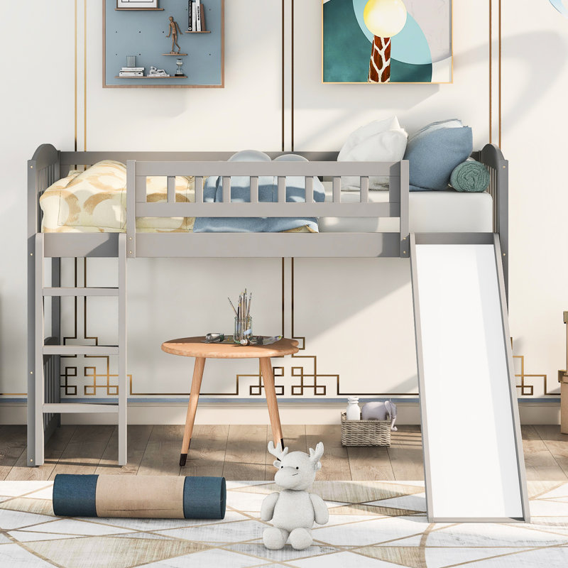 Lit mezzanine simple gris avec glissade - Lignes élégantes et épurées, 14 lattes de soutien, convenant à un lit multifonctionnel de 6 ans et plus, tirant parti de l'espace au sol, fabrication en bois de pin,