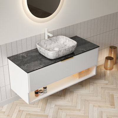 Meuble-lavabo flottant 48 po, capteur de lumière et plateau en pierre frittée noire 48 po