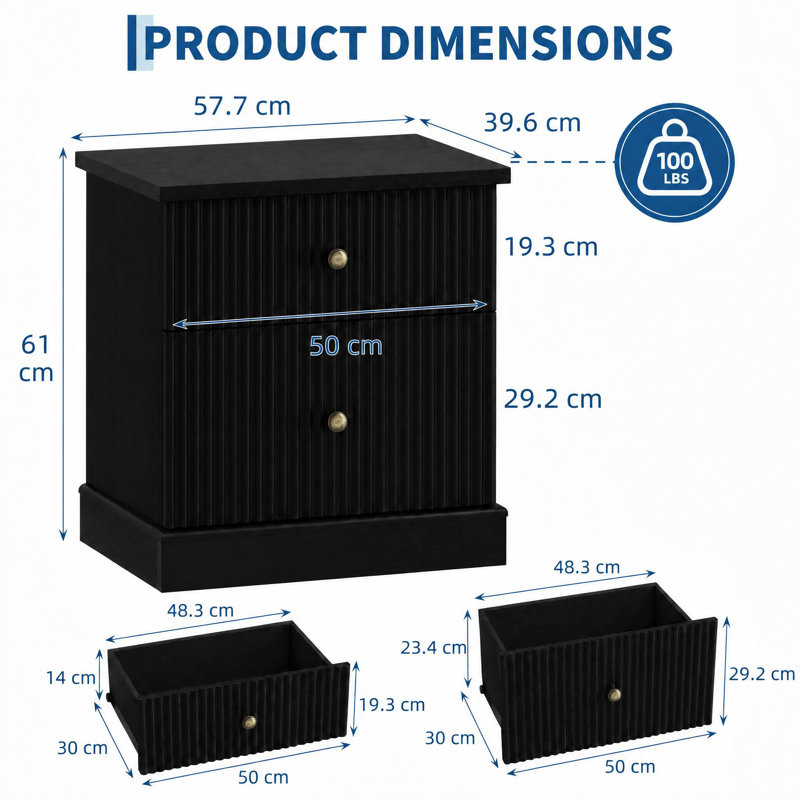 57.7 cm W Bedside Table, Black