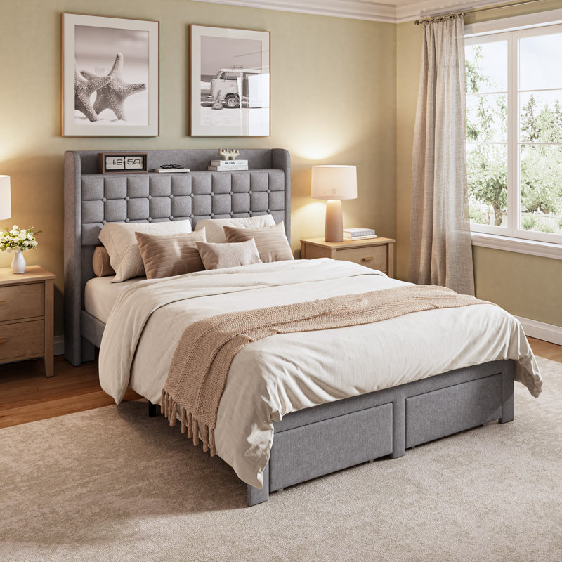 Avelyn Upholstered Bed Frame with 2 Footboard Drawers and Storage Platform, Gray, Full