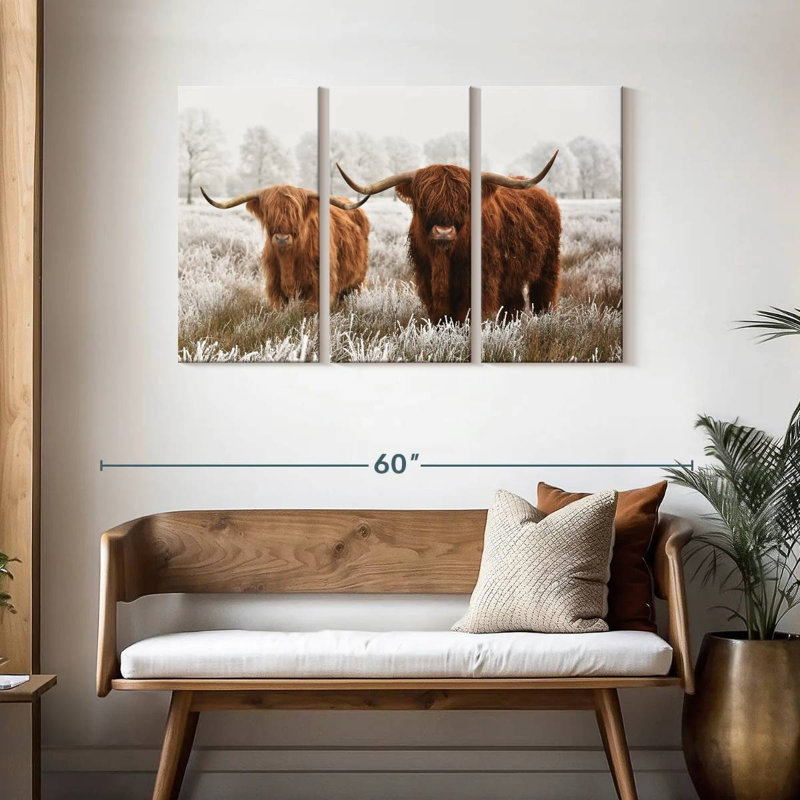 Poilu Highland Cows 3 pièces, H 28 po x l 45 po x P 1,25 po