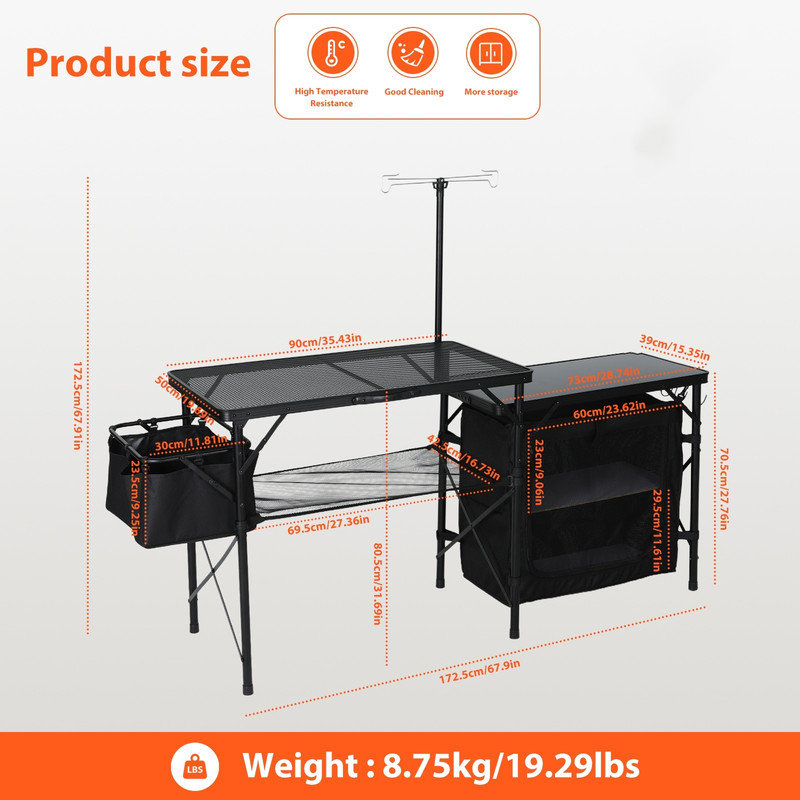 Table de cuisine de camping, station de cuisson pliante portative avec rangement, poteau lumineux, sac latéral et crochets pour l'extérieur, véhicule récréatif, pique-nique, plage