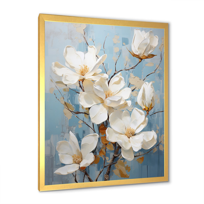 «Elegant White and Blue Magnolias Tranquility I», reproduction sur toile, Cadre doré simple, H 40 po x l 30 po x P 1,5 po