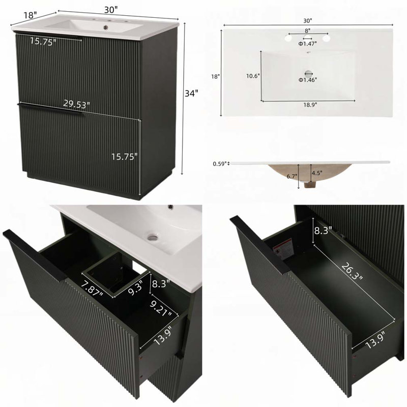 Meuble-lavabo 30 po avec lavabo en céramique et tiroirs pleine extension, Vert