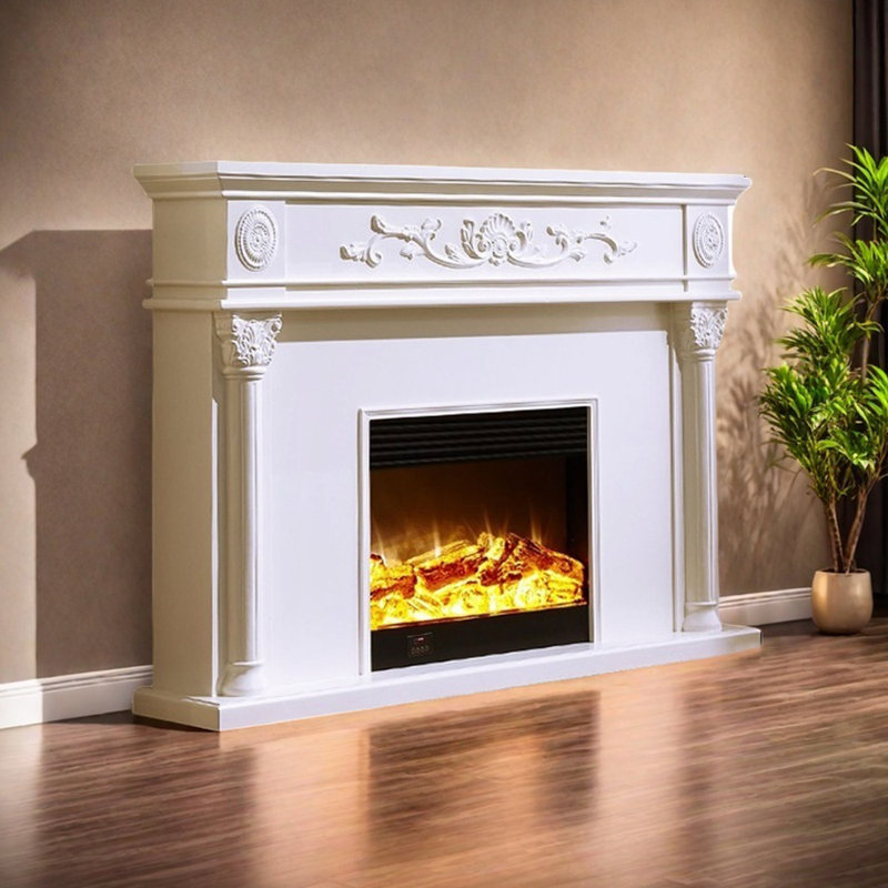 Modern vintage fireplace with elegant carvings, White, 47.24" H x 62.99" W x 12.99" D