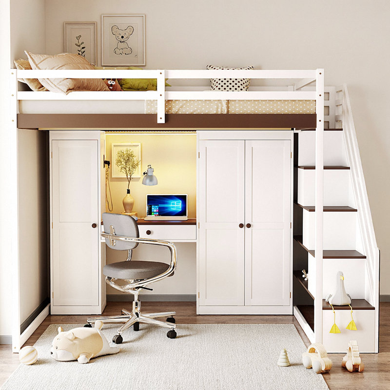 Full Size Loft Bed with Storage Staircase, Built-in Study Desk, Wardrobe & Smart Lighting - All-in-One Space Saver for Kids/Teens