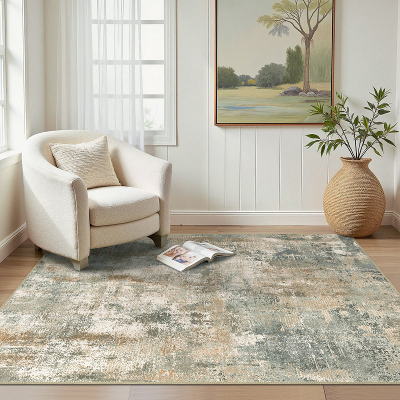 Abstract Machine Printed Area Rug, Green/Beige/Brown, Rectangle 80 x 150 cm