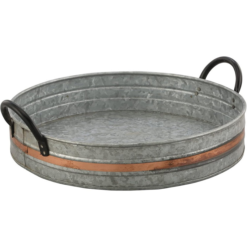 Plateau de service rond en métal avec bande de cuivre et poignées noires, centre de table décoratif de campagne pour table basse ou de salle à manger