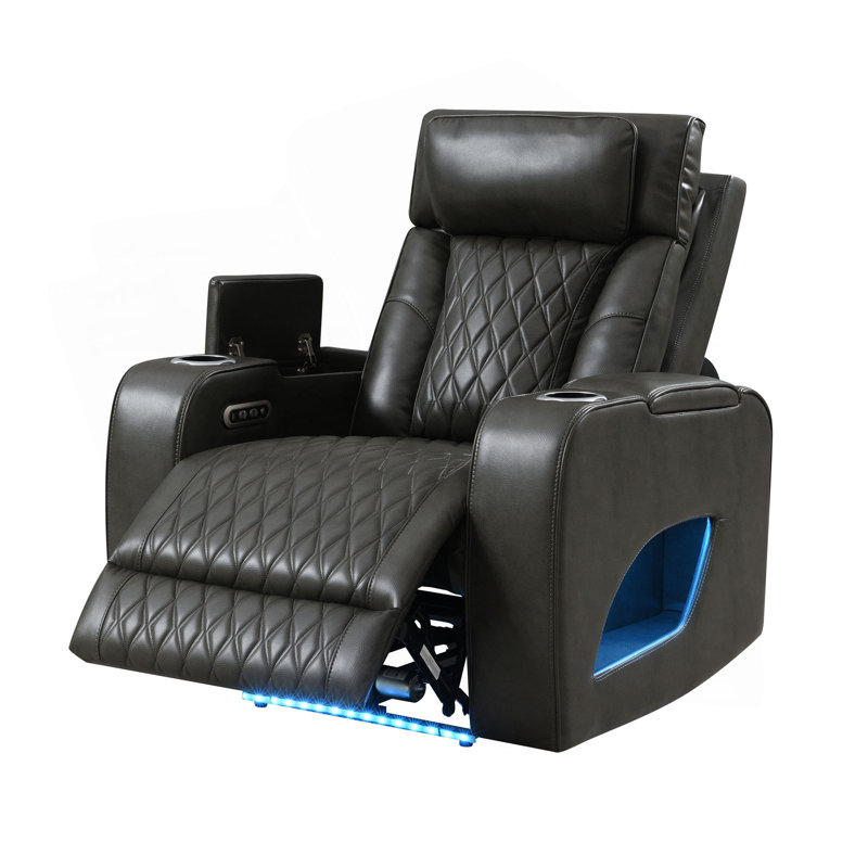 Fauteuil inclinable électrique en cuir synthétique gris foncé Taddeo avec appui-tête électrique, USB, chargeur sans fil et DEL