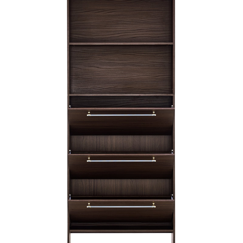 Armoire à chaussures 3 tiroirs pour le couloir. Solide, teinte noyer. Poignées en métal, rangement spacieux avec tablettes ouvertes. Rangement de salon. Couleur, look moderne