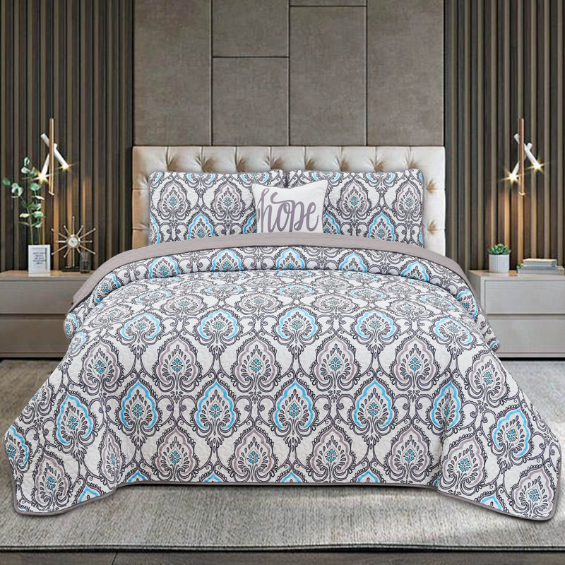 Ensemble de courtepointe réversible en microfibre 4 pièces Gryson, Gris foncé Azita