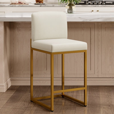 24" Modern Upholstered Kitchen Counter Stool with Gold Metal Sled Base & Off-White Faux Leather