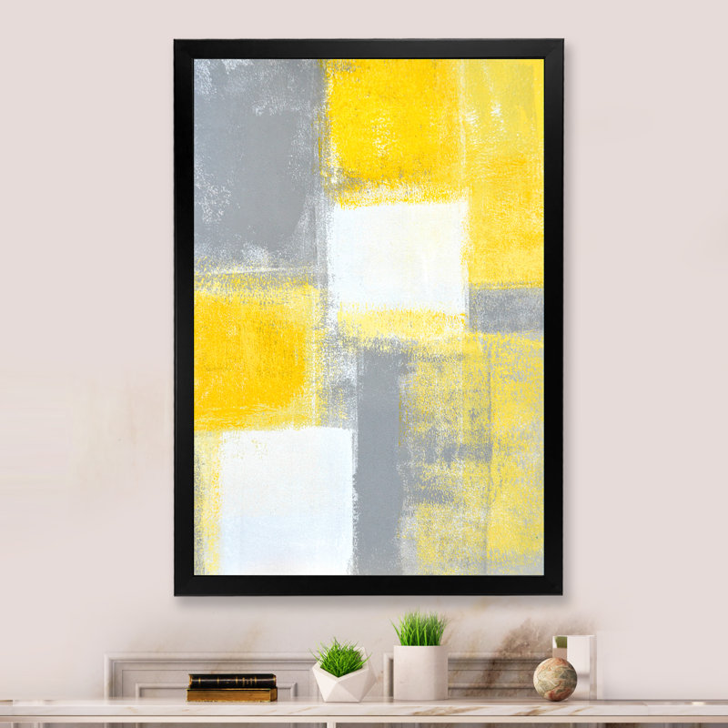 «Gray Meets Yellow Abstract Art», reproduction d'art sur toile, Cadre d'angle fermé noir, H 20 po x l 12 po x P 1 po