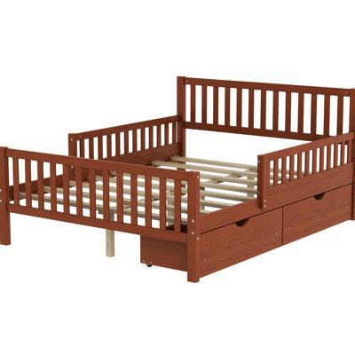Full Size Wood Platform Bed In Walnut With Guardrails And Two Storage Drawers, Pinewood, 8 Slats For Balance Color Classic Straight - Line Headboard, Support