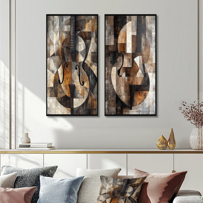 Mandoline dans des plans brisés I - Ensemble de 2 décorations murales cubistes