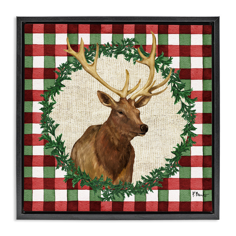  «Plaid Holiday Elk» par Paul Brent, H 25 po x l 25 po, Cadre flottant noir de jais