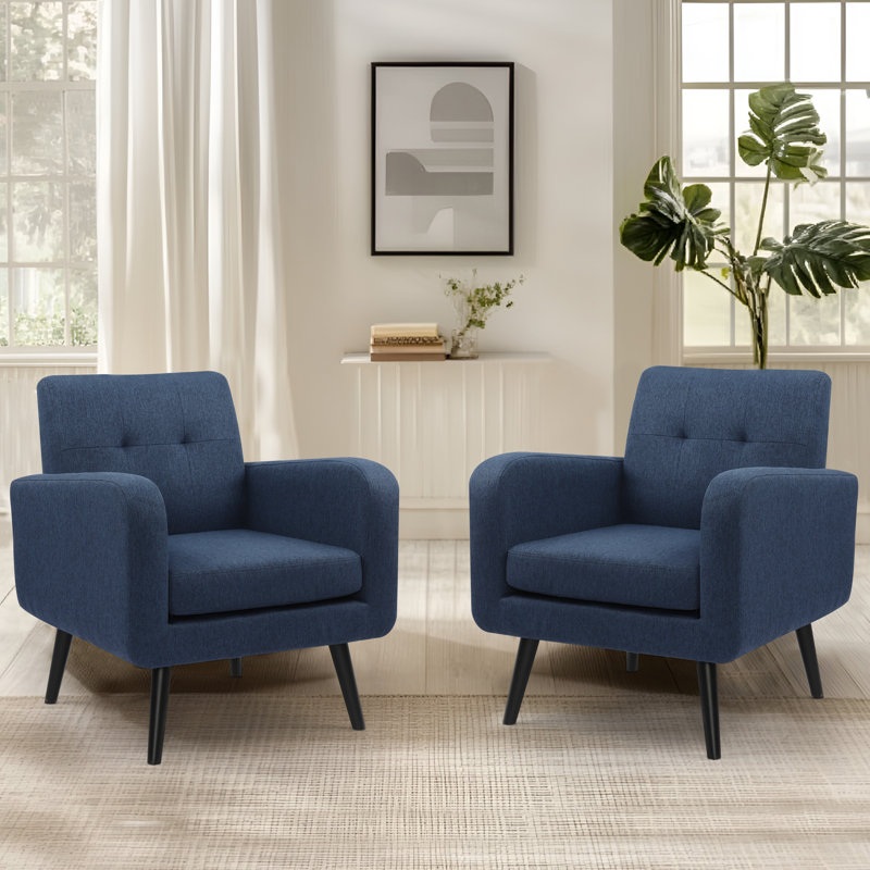 29.75" W Mid-century Upholstered And Tufted Arm Chair With Rubber Wood Legs (Set Of 2), Blue Polyester