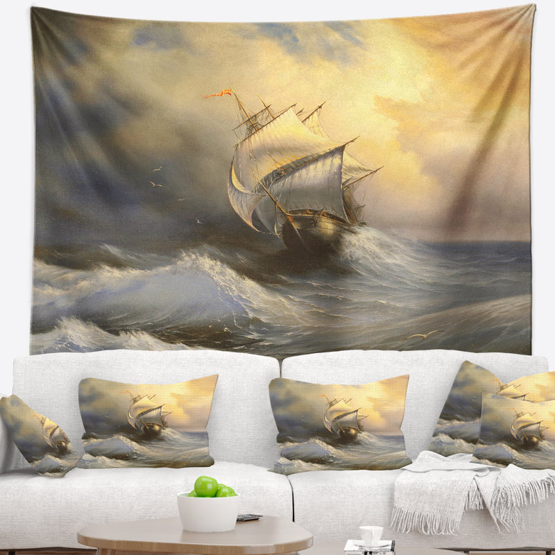 Navire dans la tapisserie de la mer orageuse Seascape, H 50 po x l 60 po