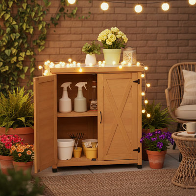 Potting Bench With Storage Cabinet And Metal Table Top For Outdoor Patio,Outdoor Work Station Table